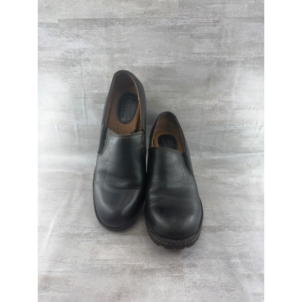 BOC Born Concept Women Black Leather Block Heel Slip On Loafers C03603 Size 6.5